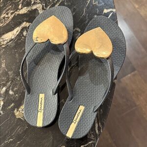 Ipanema Black Sandals with Gold Heart Accents